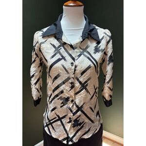 Sheer Abstract Print 3/4 Sleeve Button Down Collared Blouse Women's Size M